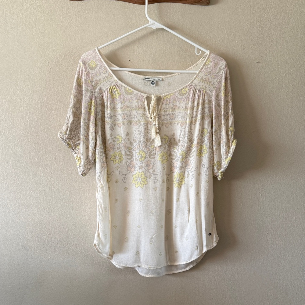 American Eagle Sheer Boho Peasant Top Cream Floral Tassel Keyhole Size S